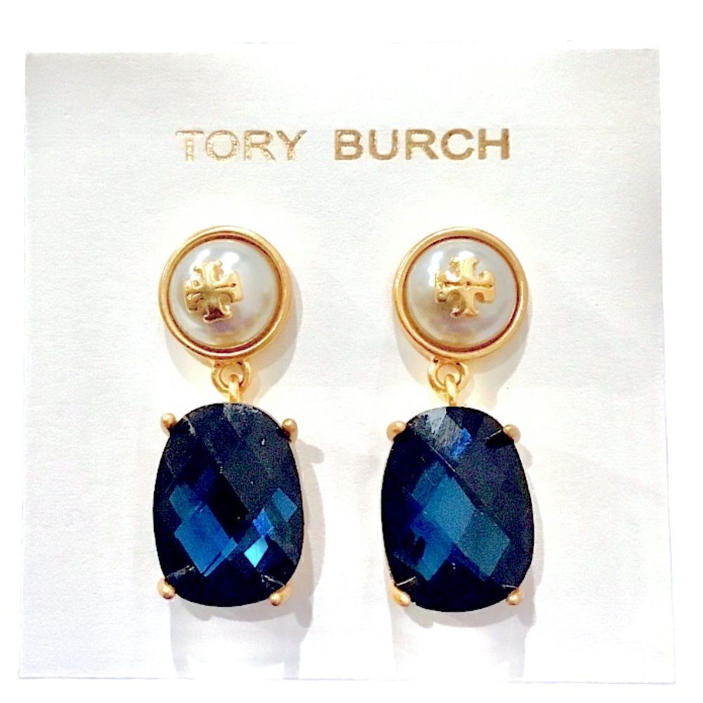 TORY BURCH KIRA LOGO BLUE ZIRCONIA AND FAUX PEARL